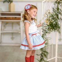 Conjunto ceremonia niña Blusa blanca y Falda celeste a rayas Miranda Verano